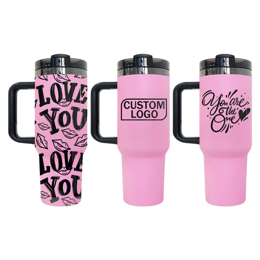 Pink Powder Coated Black Underneath 40oz Quencher Tumbler With Black Lid and Handle For Laser Engraving_miki